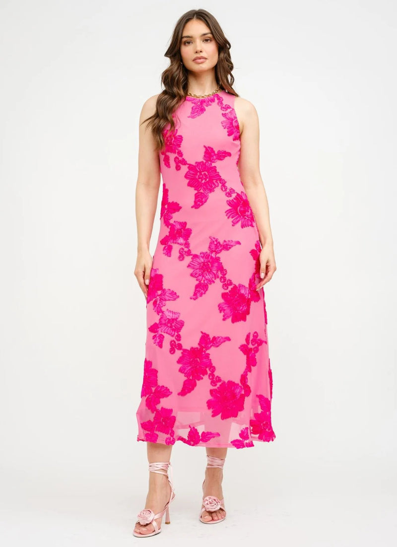Floral Embroidered Mesh Midi Dress Fuchsia