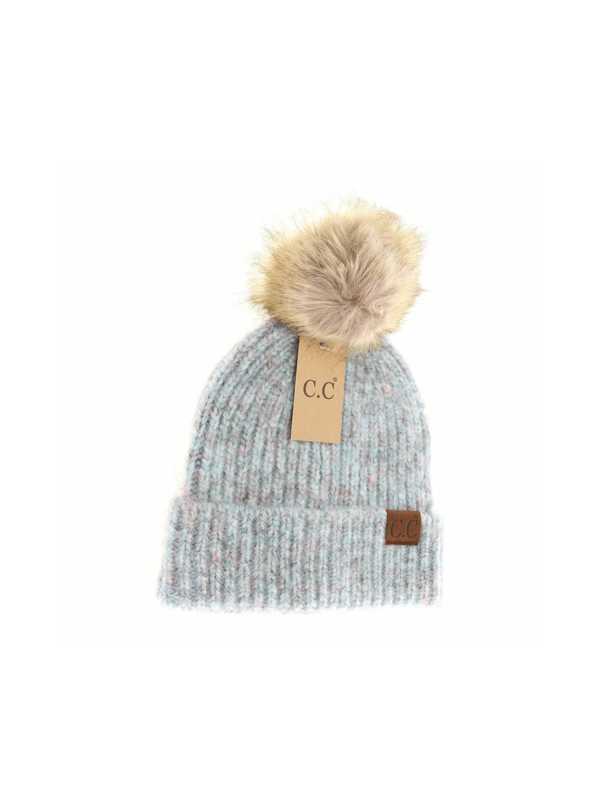 Soft Ribbed Fur Pom Beanie Aqua Multi