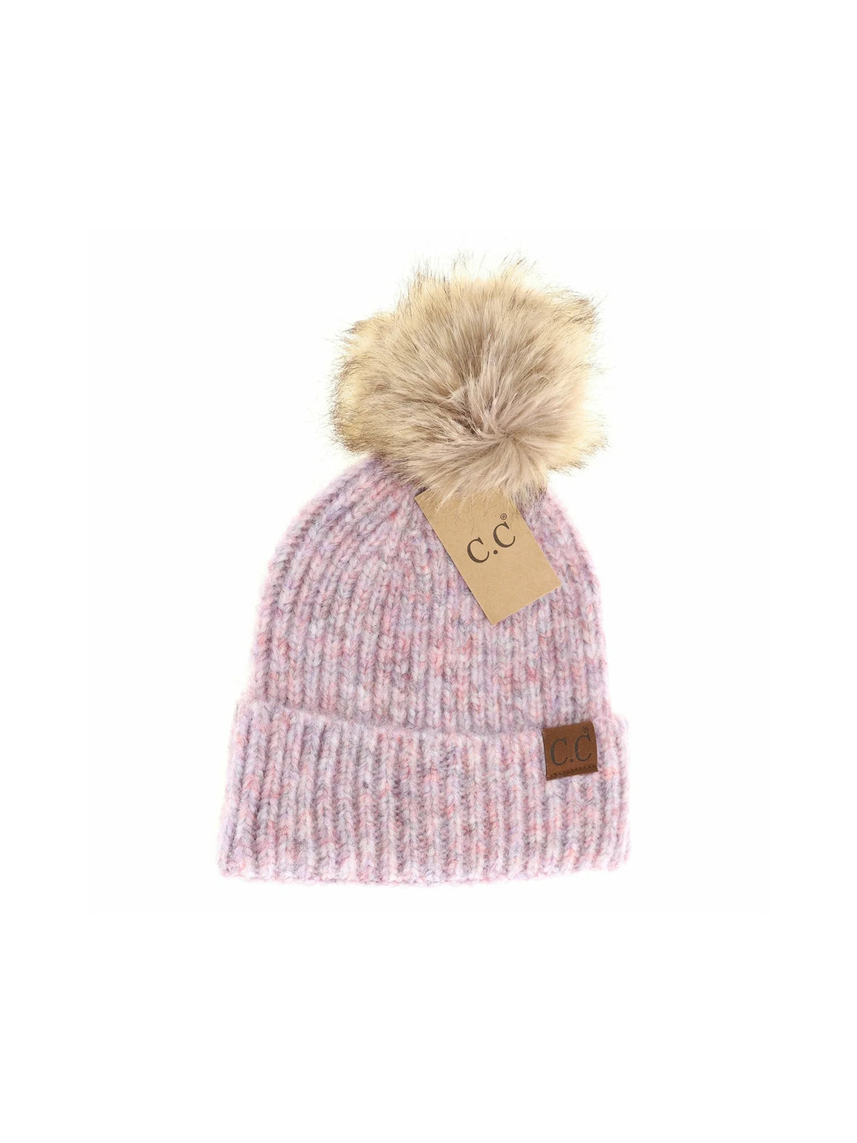 Soft Ribbed Fur Pom Beanie Cotton Candy