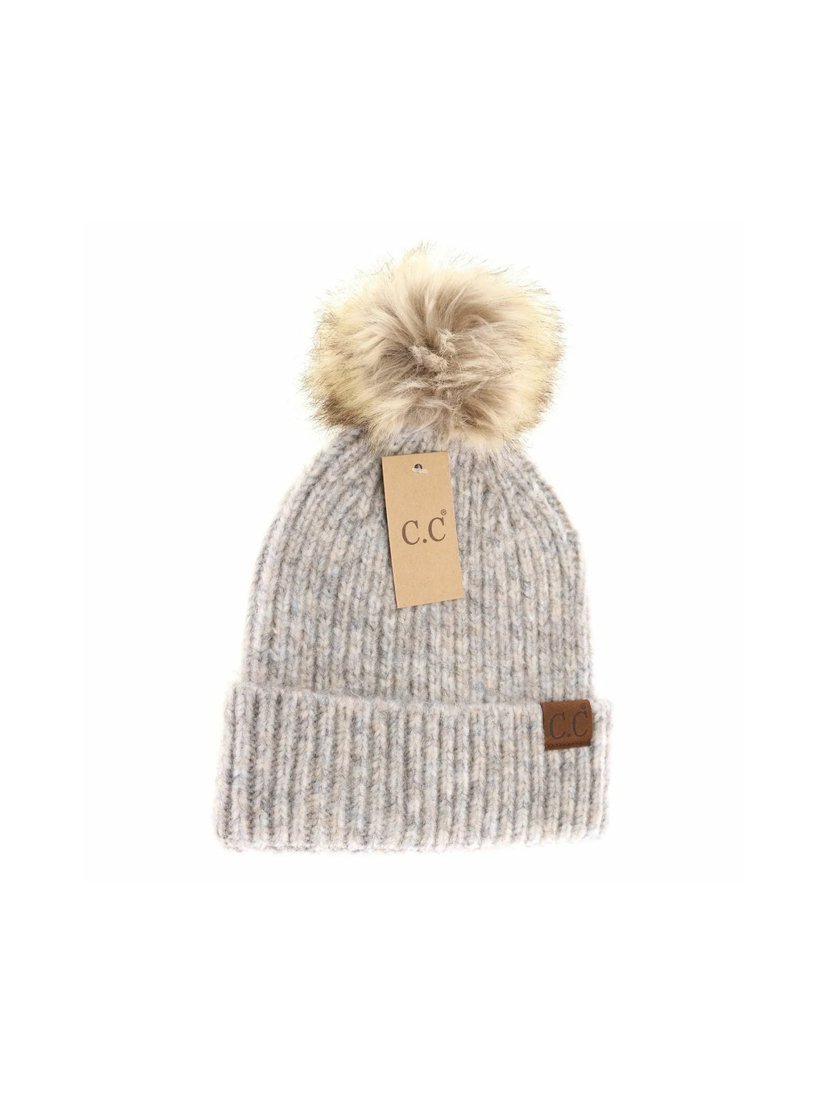 Soft Ribbed Fur Pom Beanie Dove Multi