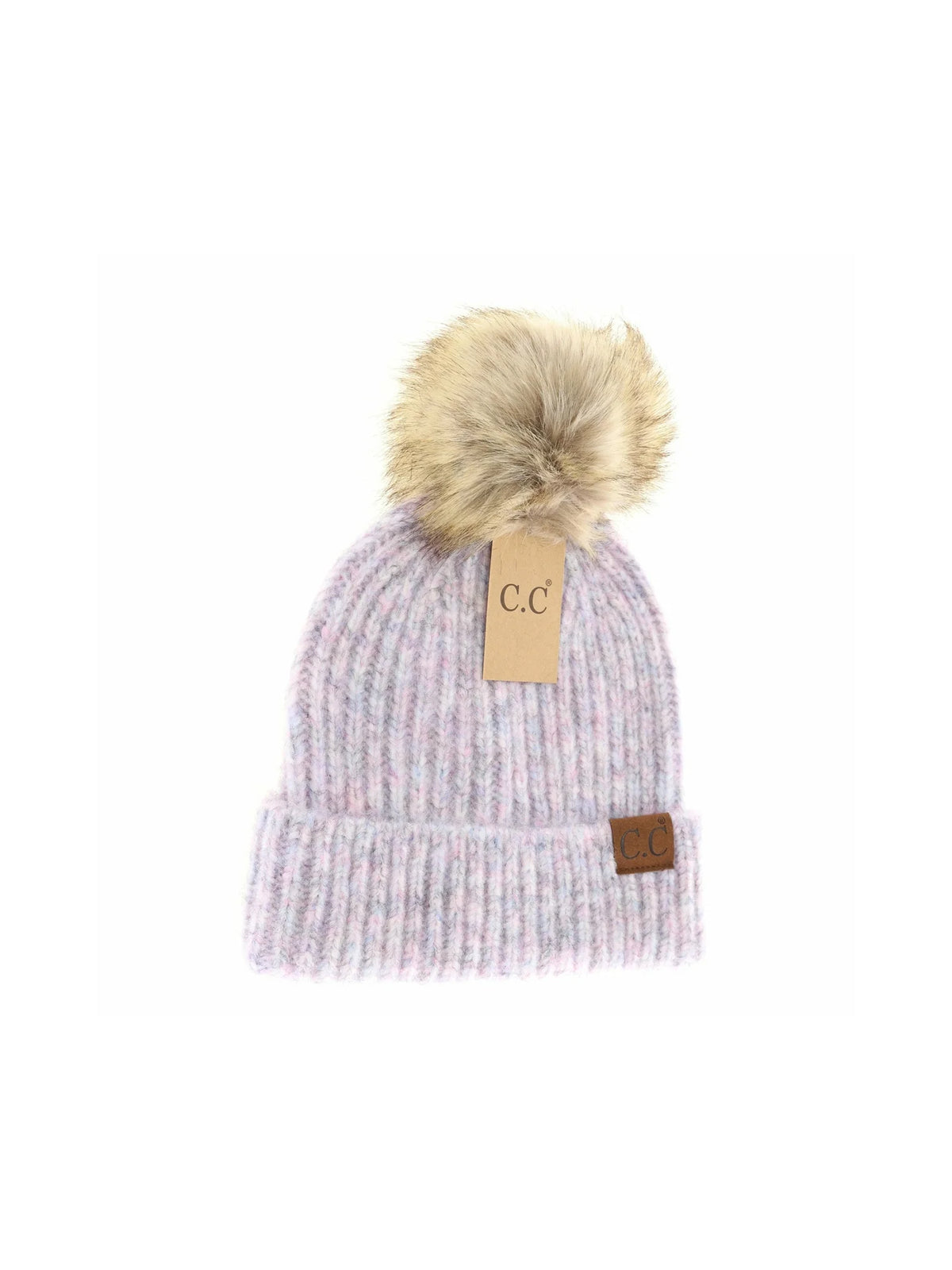 Soft Ribbed Fur Pom Beanie Lavender Multi