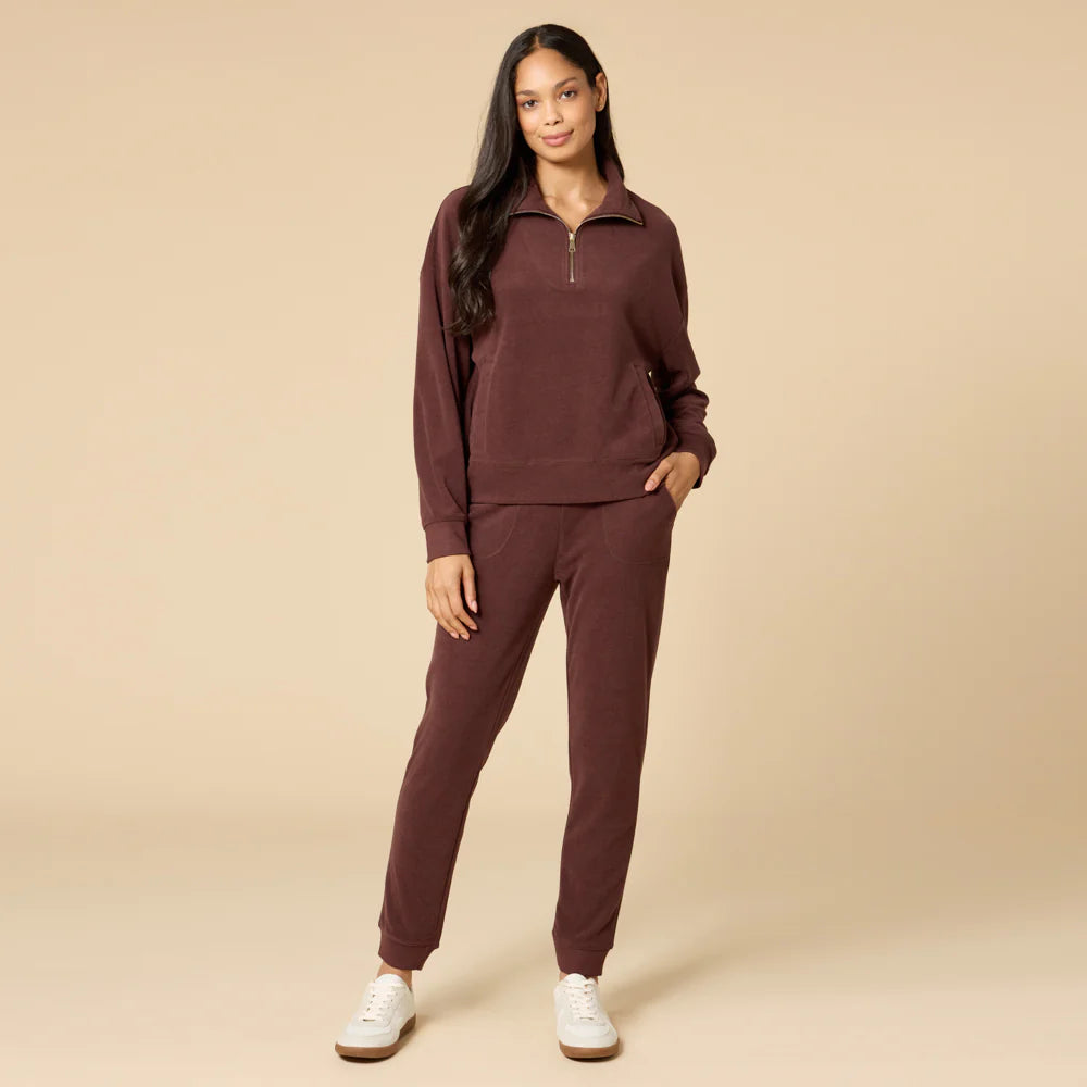 Softies Vintage Velvet 1/4 Zip Pullover & Jogger Set Espresso
