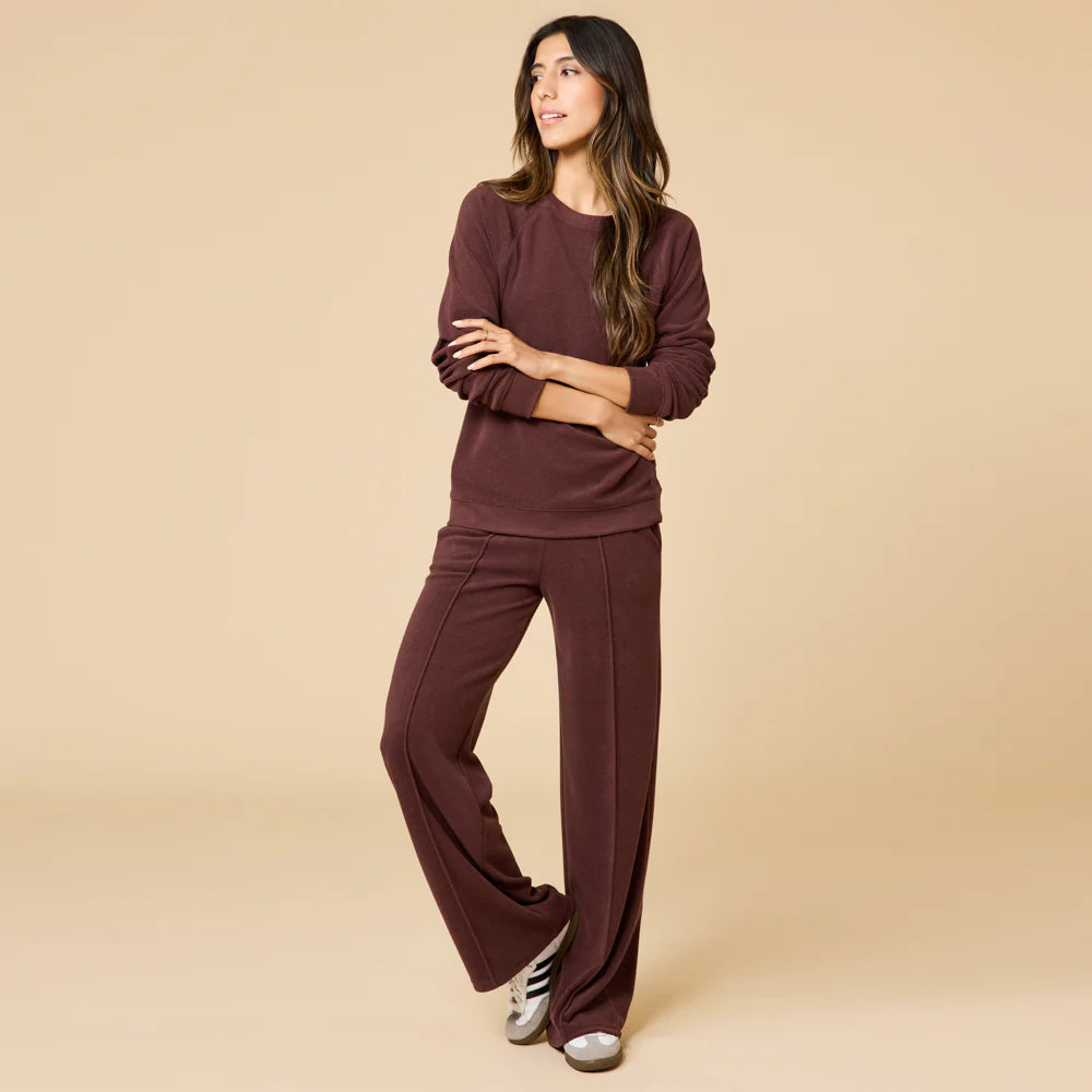 Softies Vintage Velvet Raglan Crew Neck & Pintuck Wide Leg Pant Set Espresso