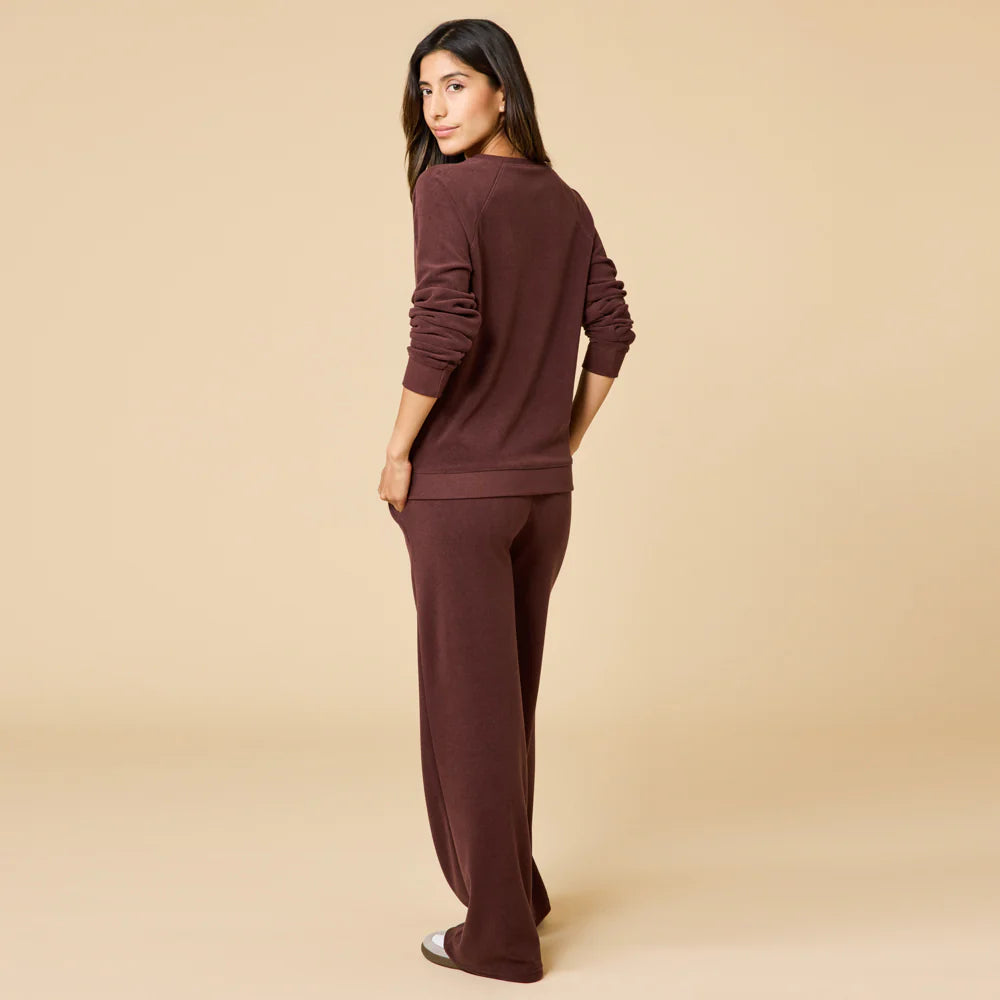 Softies Vintage Velvet Raglan Crew Neck & Pintuck Wide Leg Pant Set Espresso