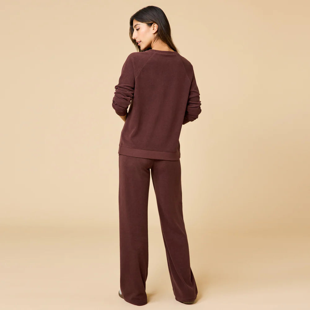 Softies Vintage Velvet Raglan Crew Neck & Pintuck Wide Leg Pant Set Espresso