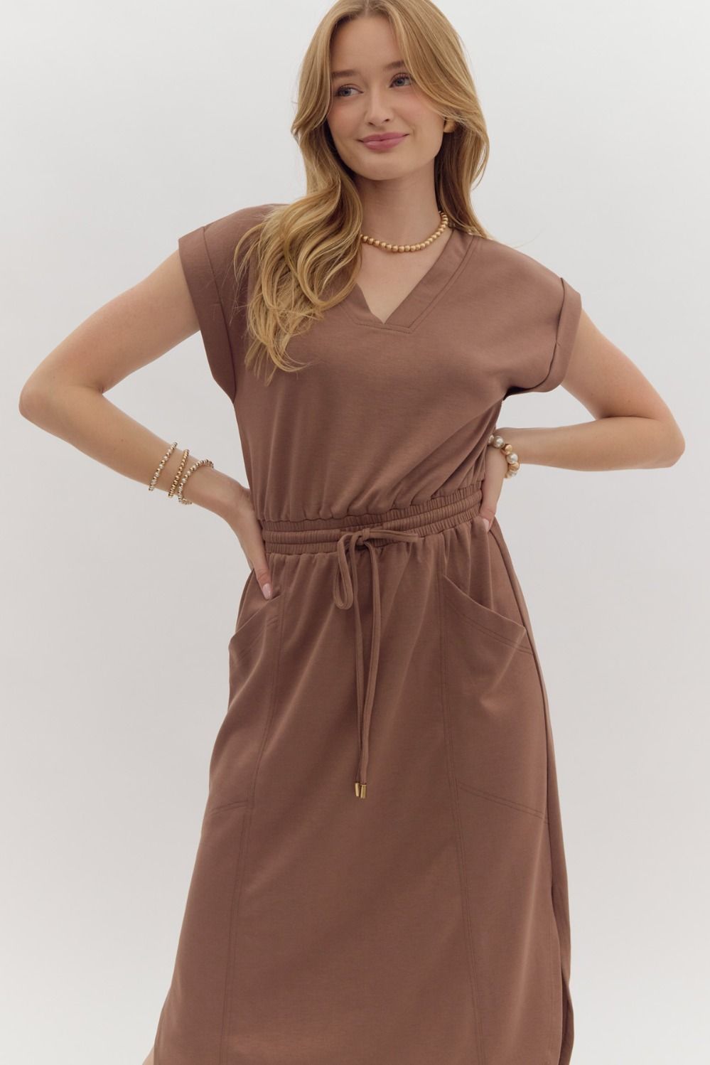 solid short sleeve tie waist midi dress in brown-front