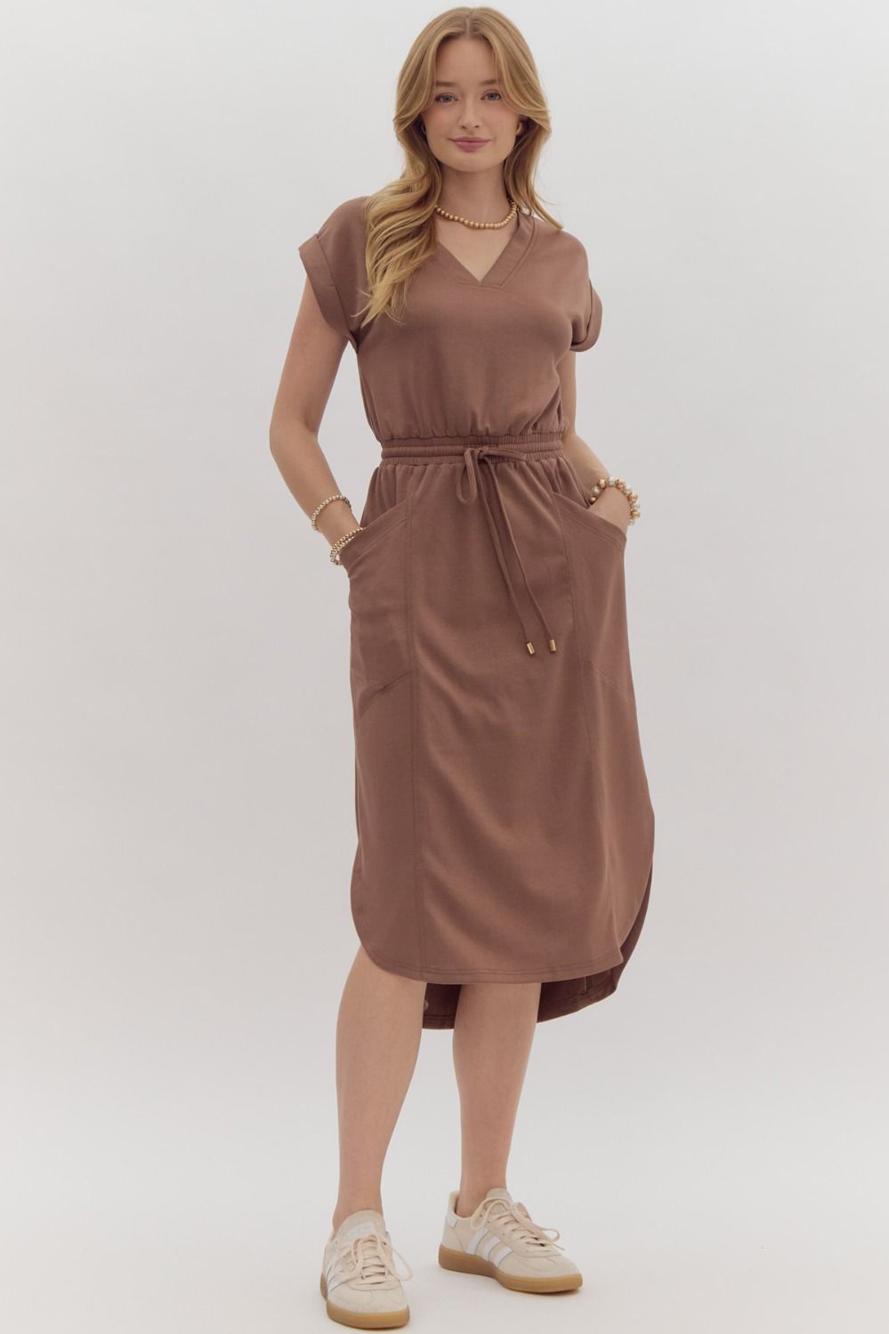 solid short sleeve tie waist midi dress in brown-front