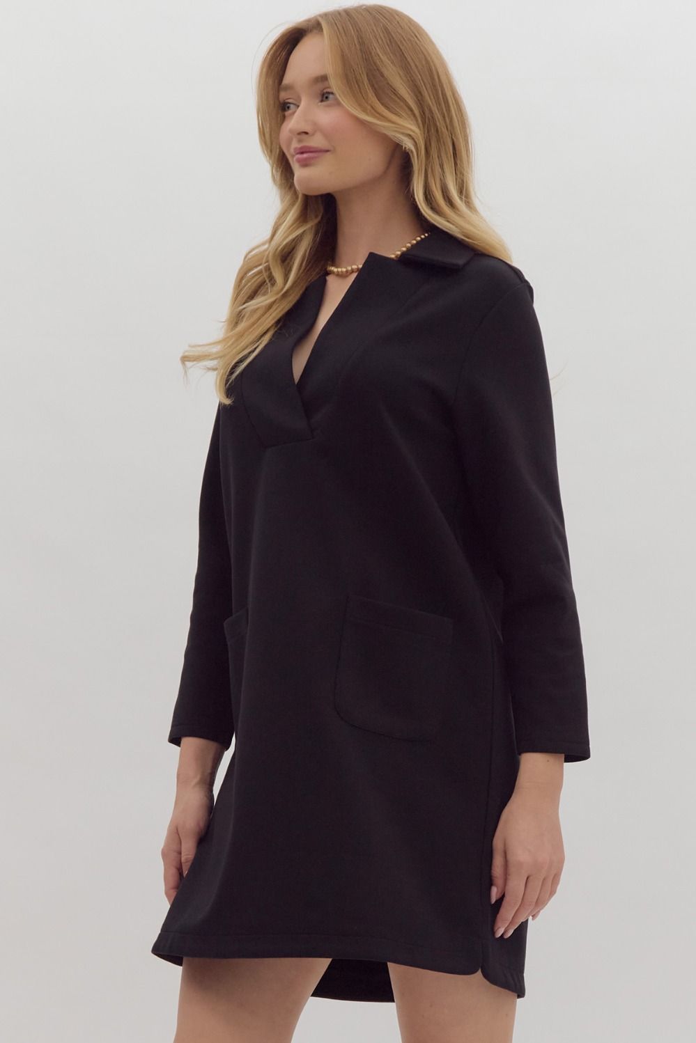 solid v neck 3/4 sleeve mini dress in black-side