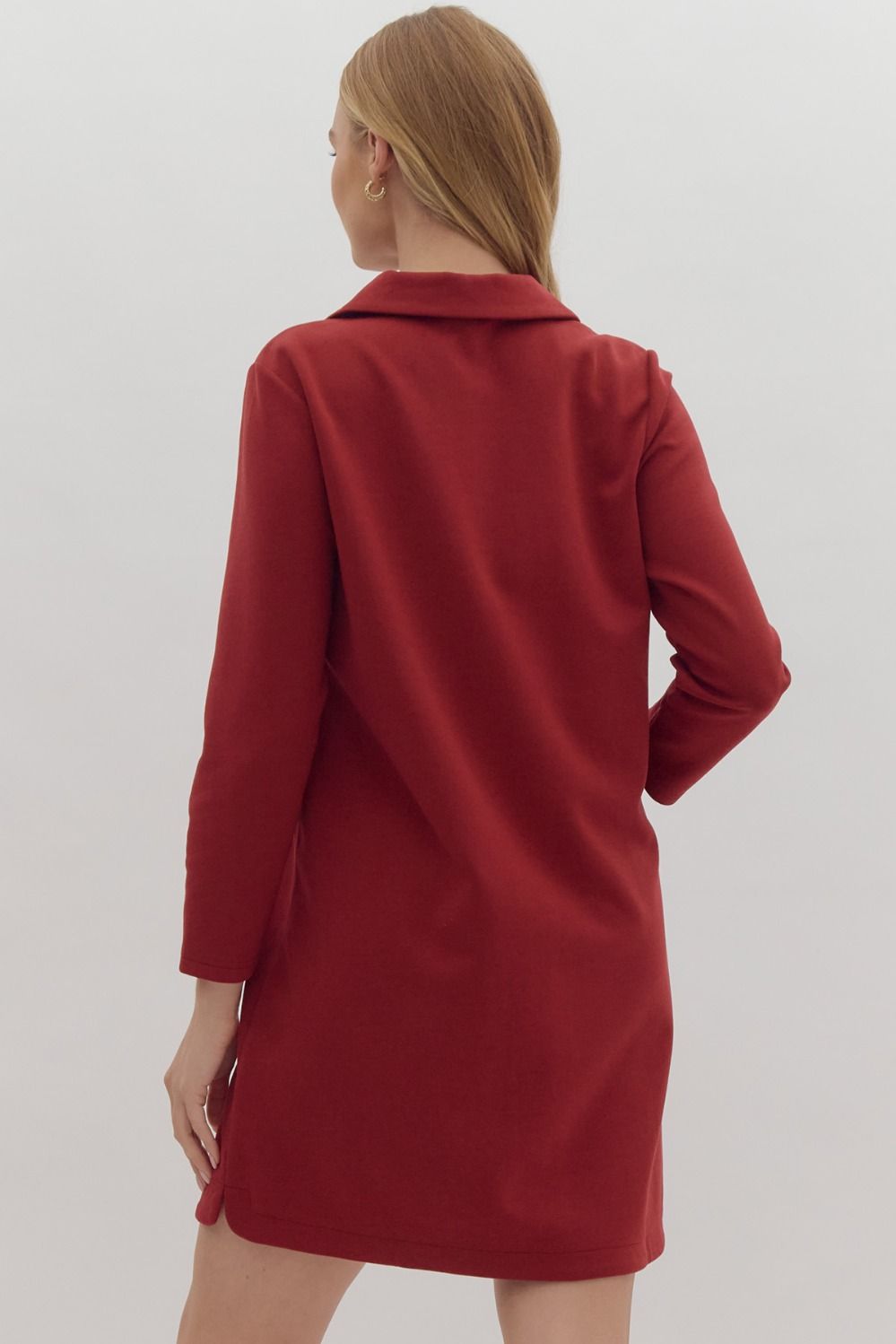 solid v neck 3/4 sleeve mini dress in garnet-back