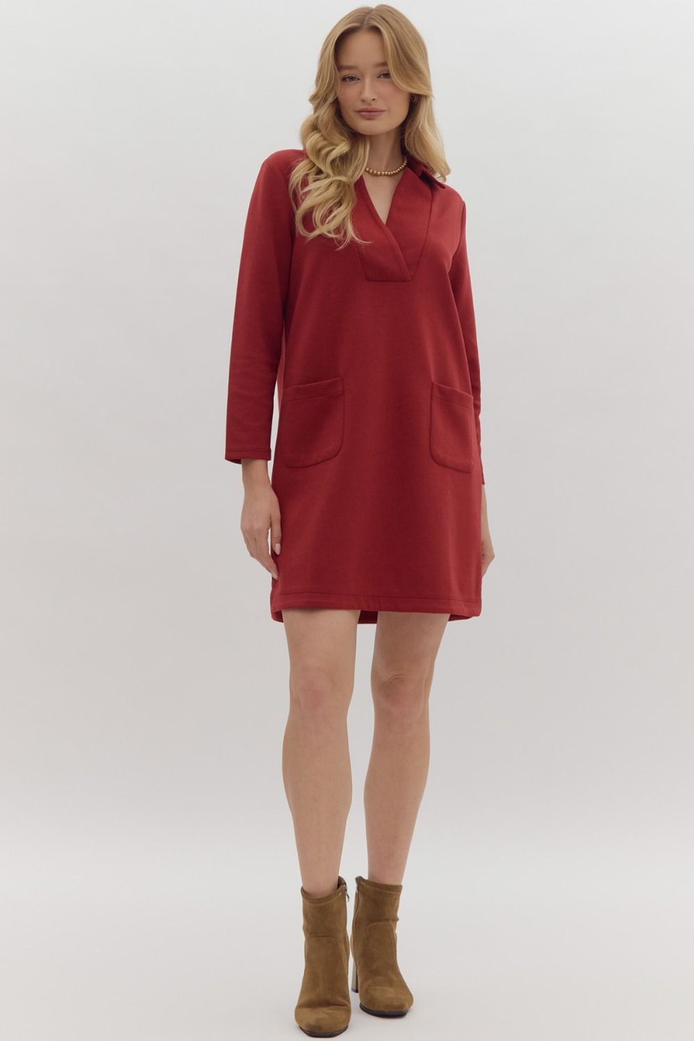 solid v neck 3/4 sleeve mini dress in garnet-front