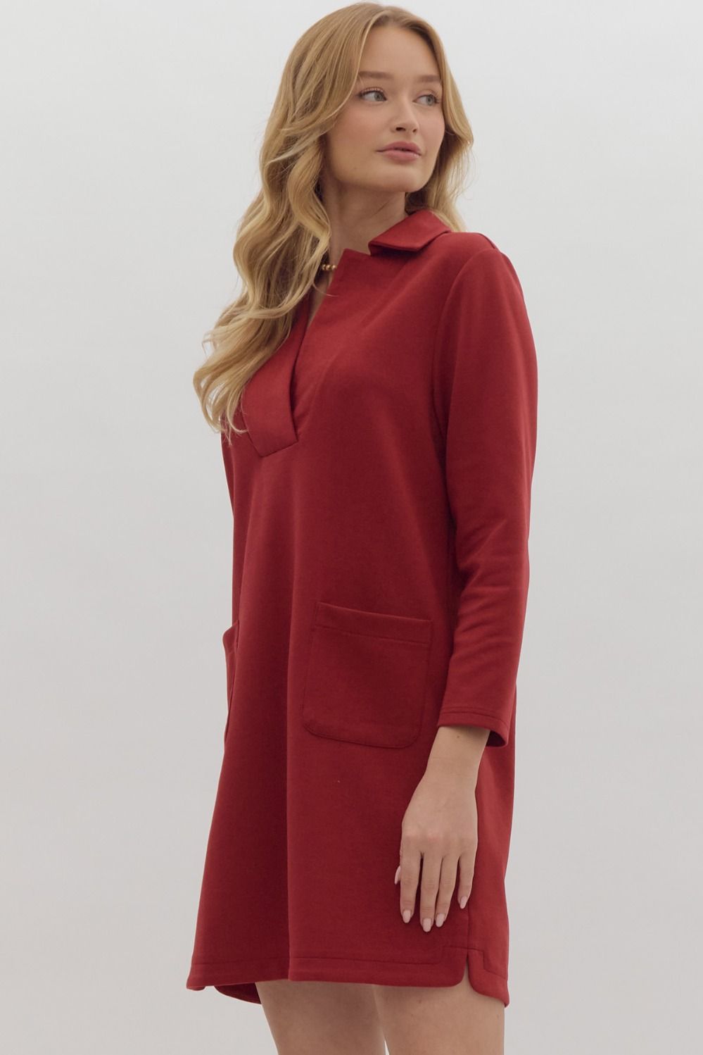 solid v neck 3/4 sleeve mini dress in garnet-side