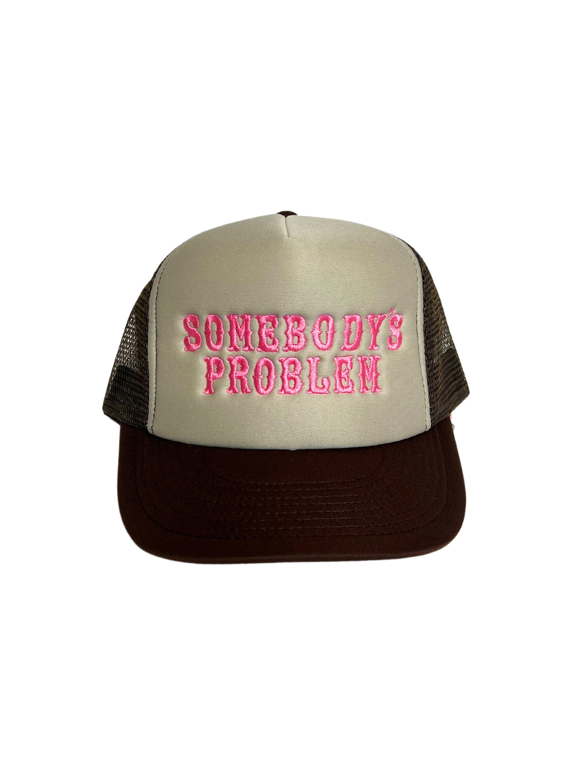 somebodys problem trucker hat brown pink front view