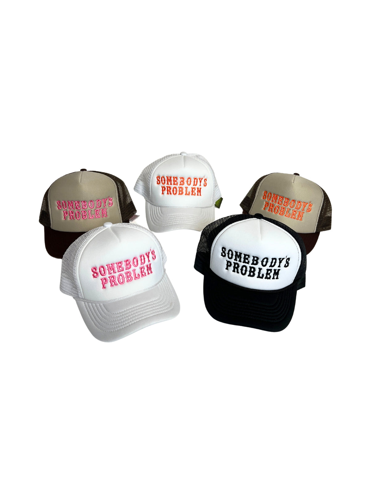 somebodys problem trucker hat various colorways flat lay front view