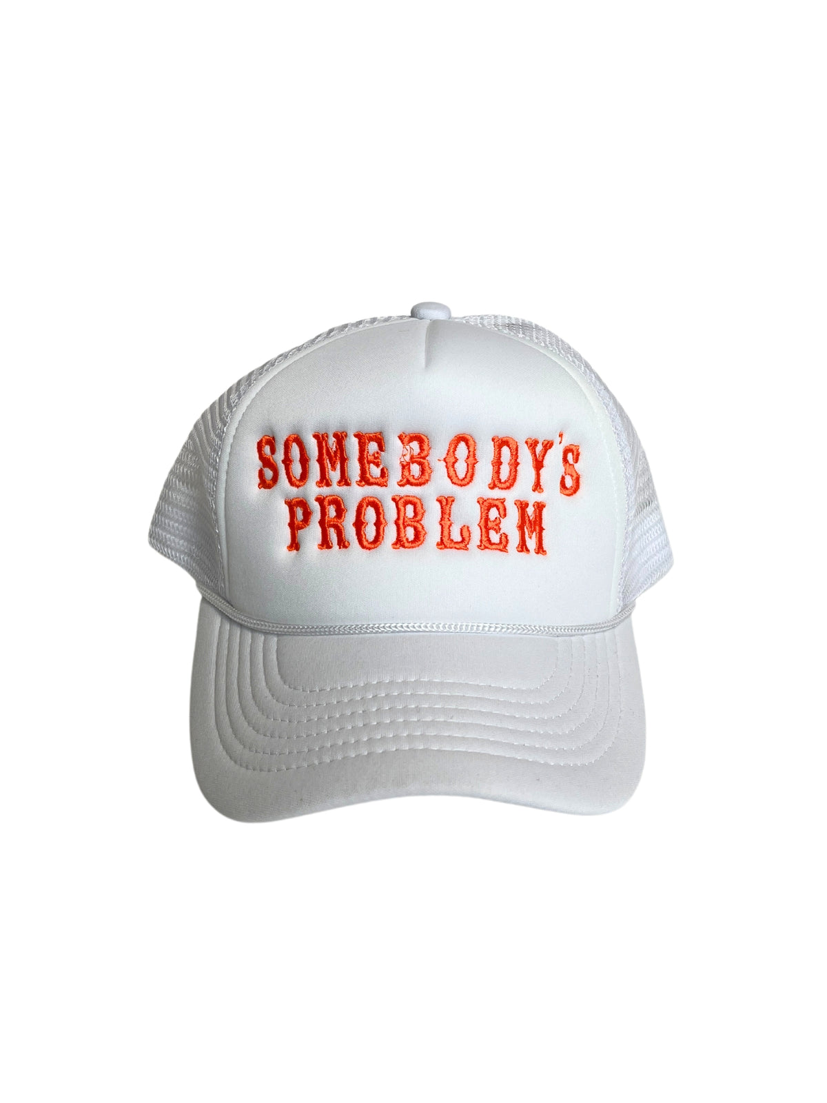 somebodys problem trucker hat white orange front view