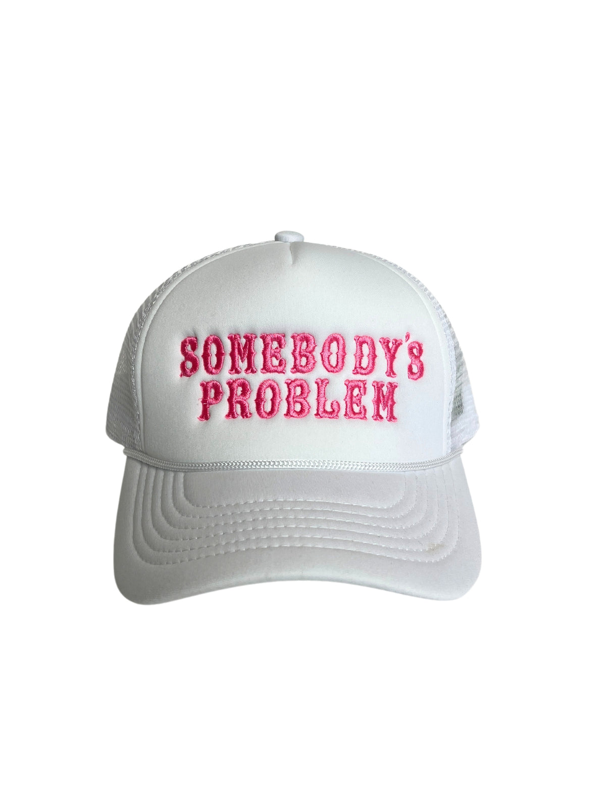 somebodys problem trucker hat white pink front view