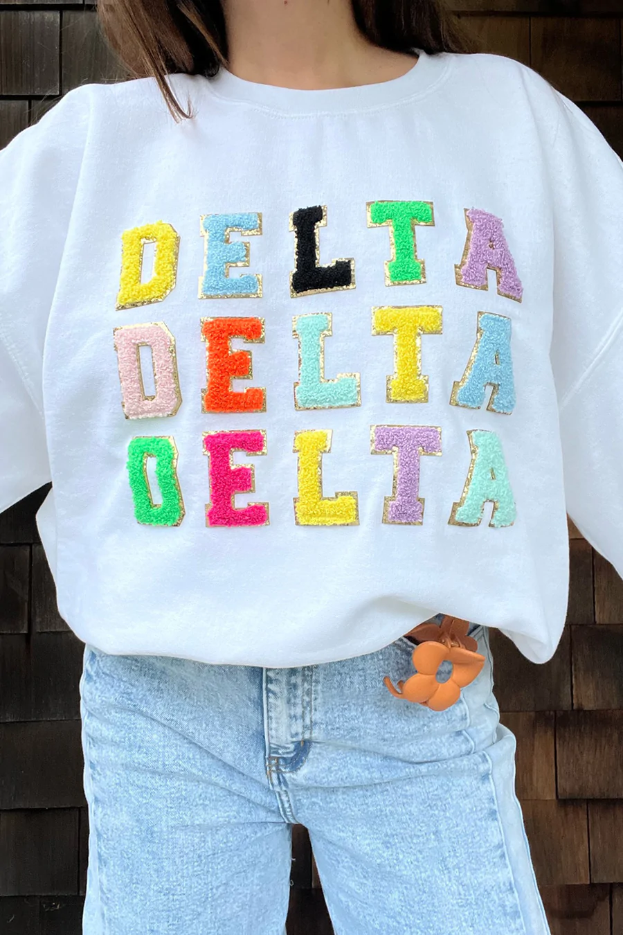 sorority varsity sweatshirt delta delta delta white