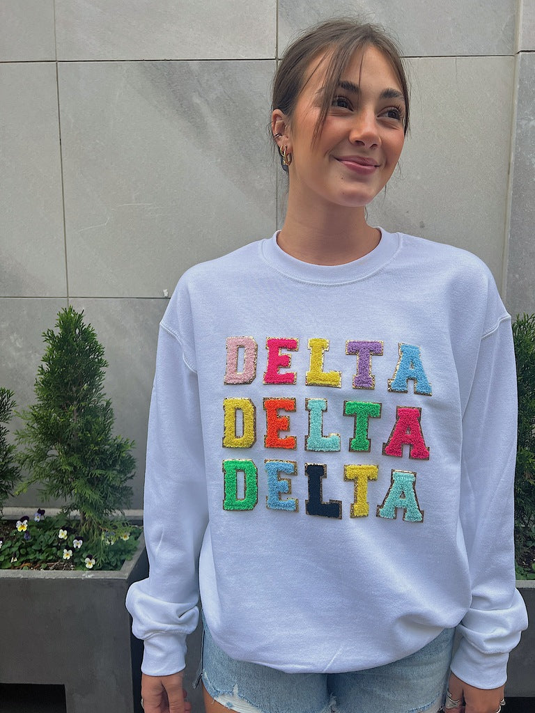 sorority varsity sweatshirt delta delta delta white