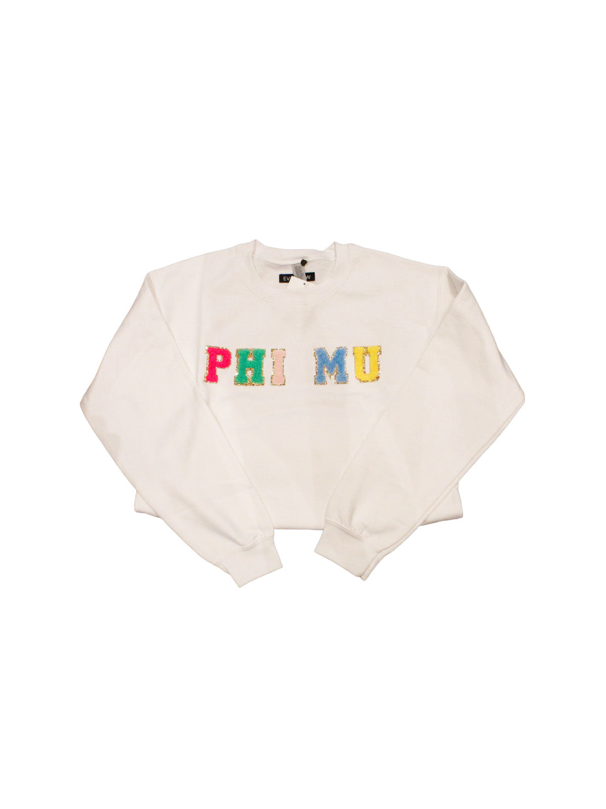 sorority varsity sweatshirt phi mu white