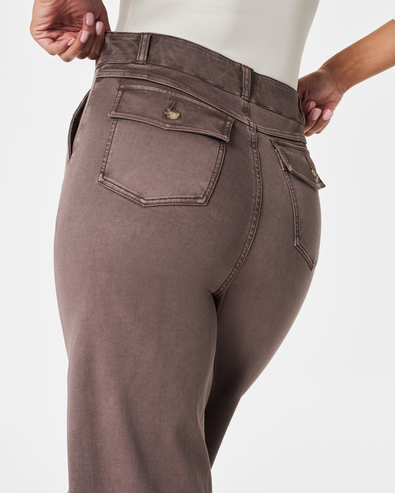 spanx stretch twill cropped pants in smoke-back detail view