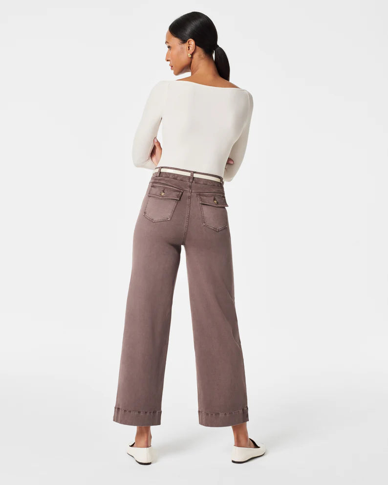 spanx stretch twill cropped pants in smoke-back model view