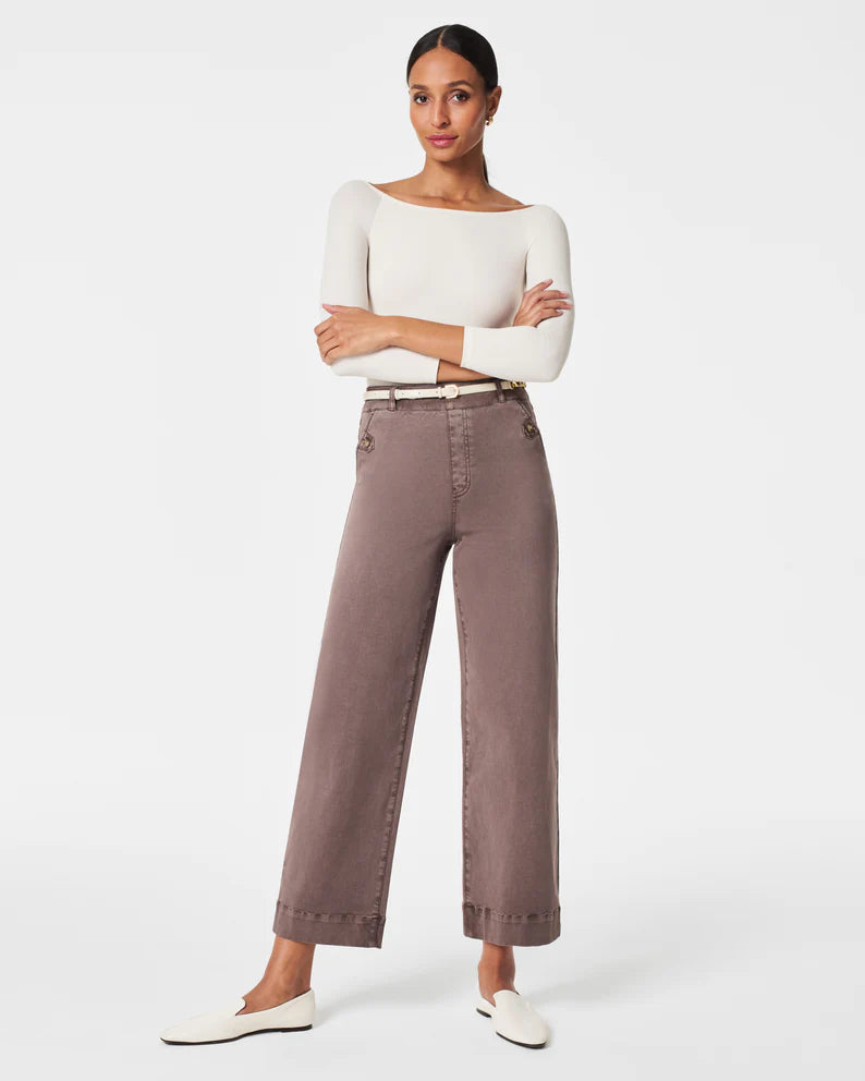 spanx stretch twill cropped pants in smoke-front model  view