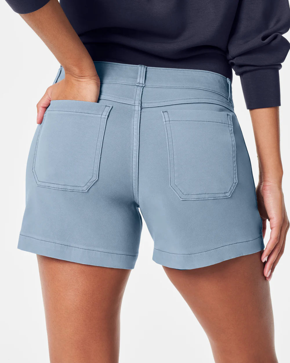 spanx stretch twill shorts 4" in mountain blue-back detail 