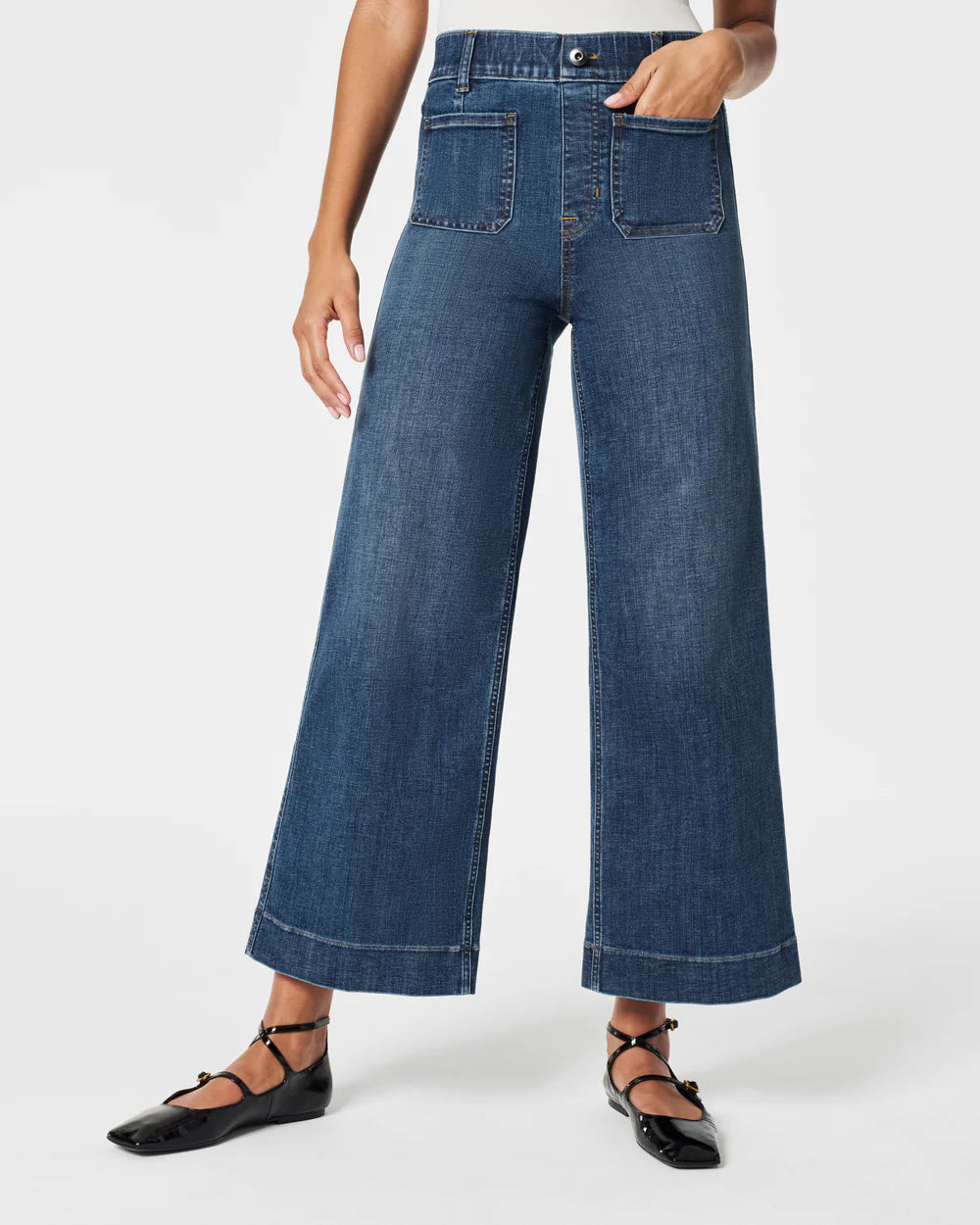 SPANXshape everywear cropped wide leg jeans with patch pockets in shaded blue