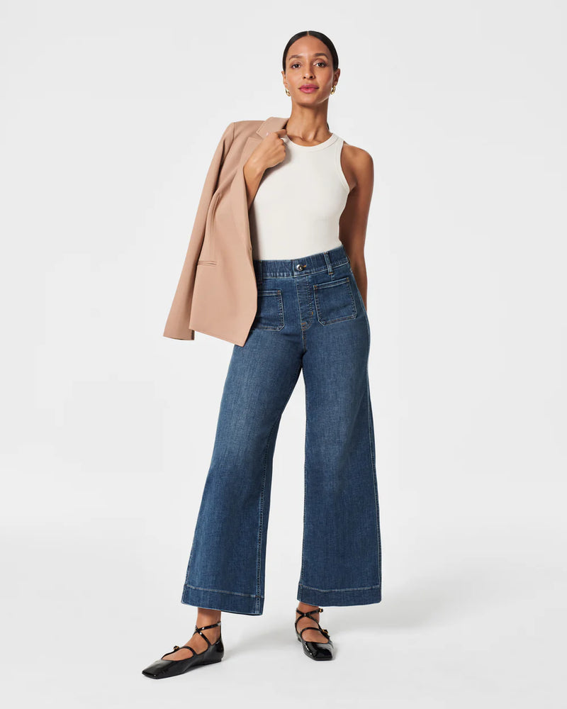 SPANXshape everywear cropped wide leg jeans with patch pockets in shaded blue