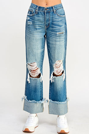 High Rise Distressed Cuffed Straight Leg Jeans