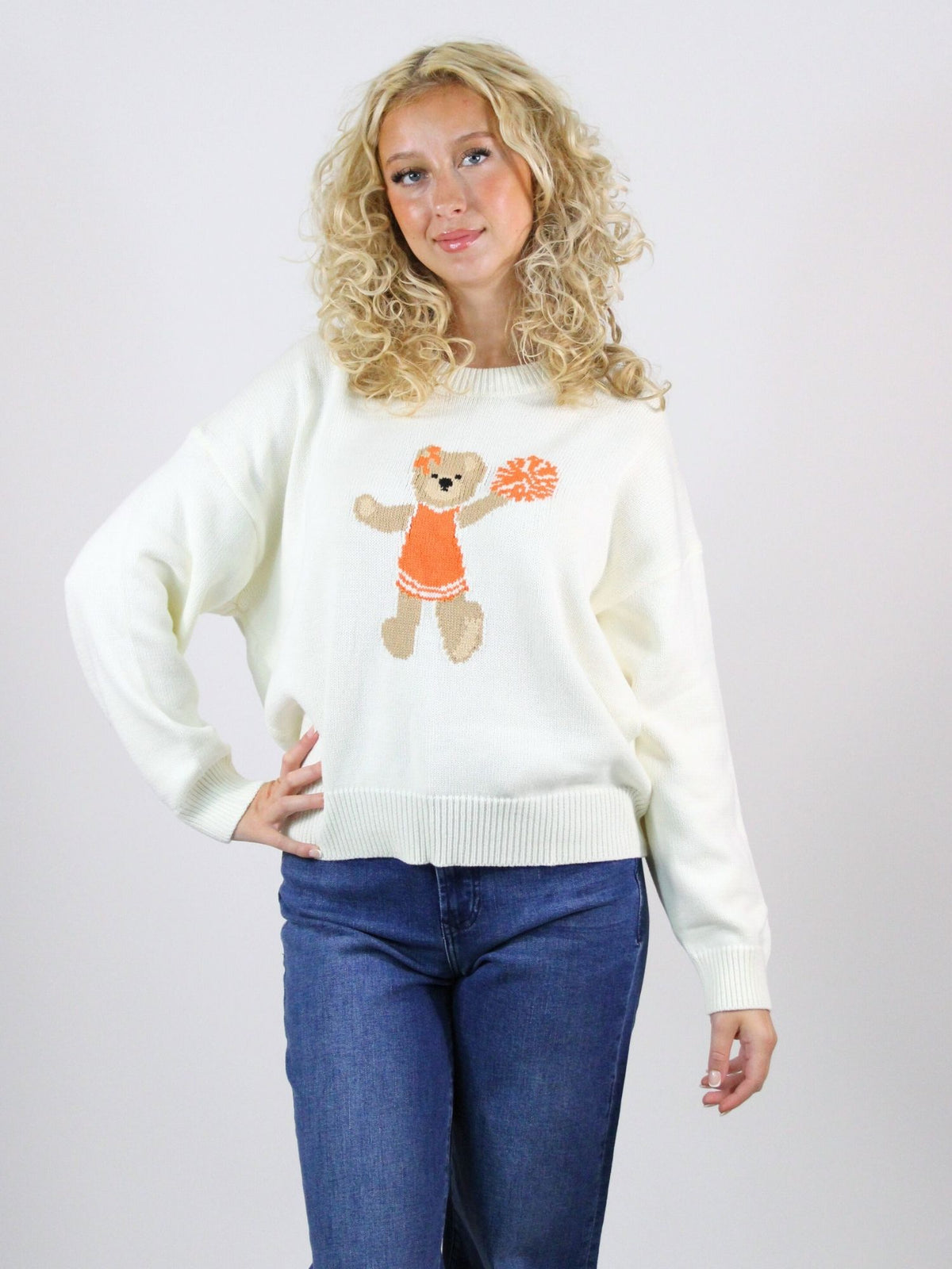 Spirit Squad Teddy Sweater in white and orange