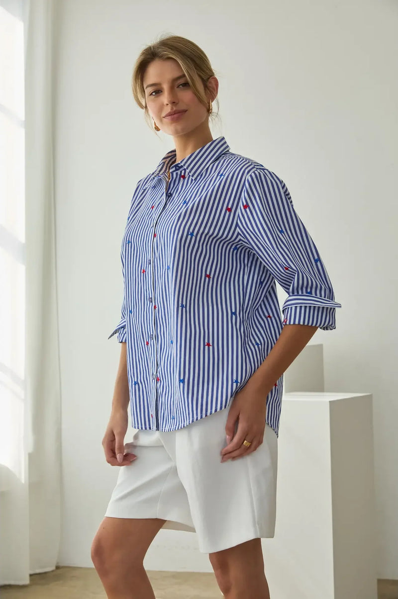 Red, White & Blue Star Embroidered Blue & White Striped Button Down Blouse