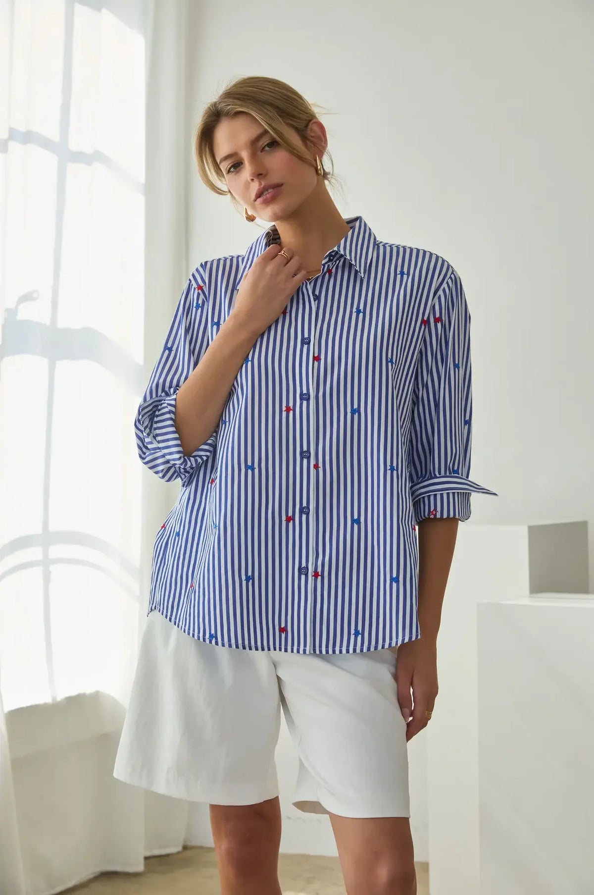 Red, White & Blue Star Embroidered Blue & White Striped Button Down Blouse