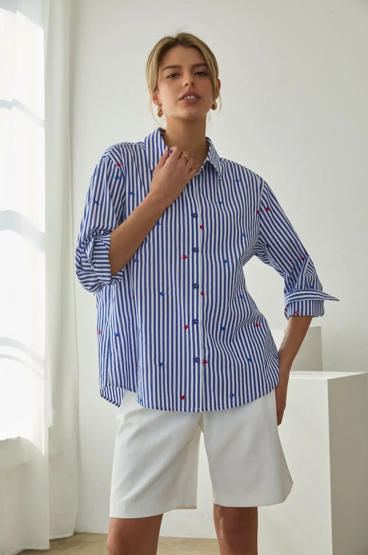 Red, White & Blue Star Embroidered Blue & White Striped Button Down Blouse