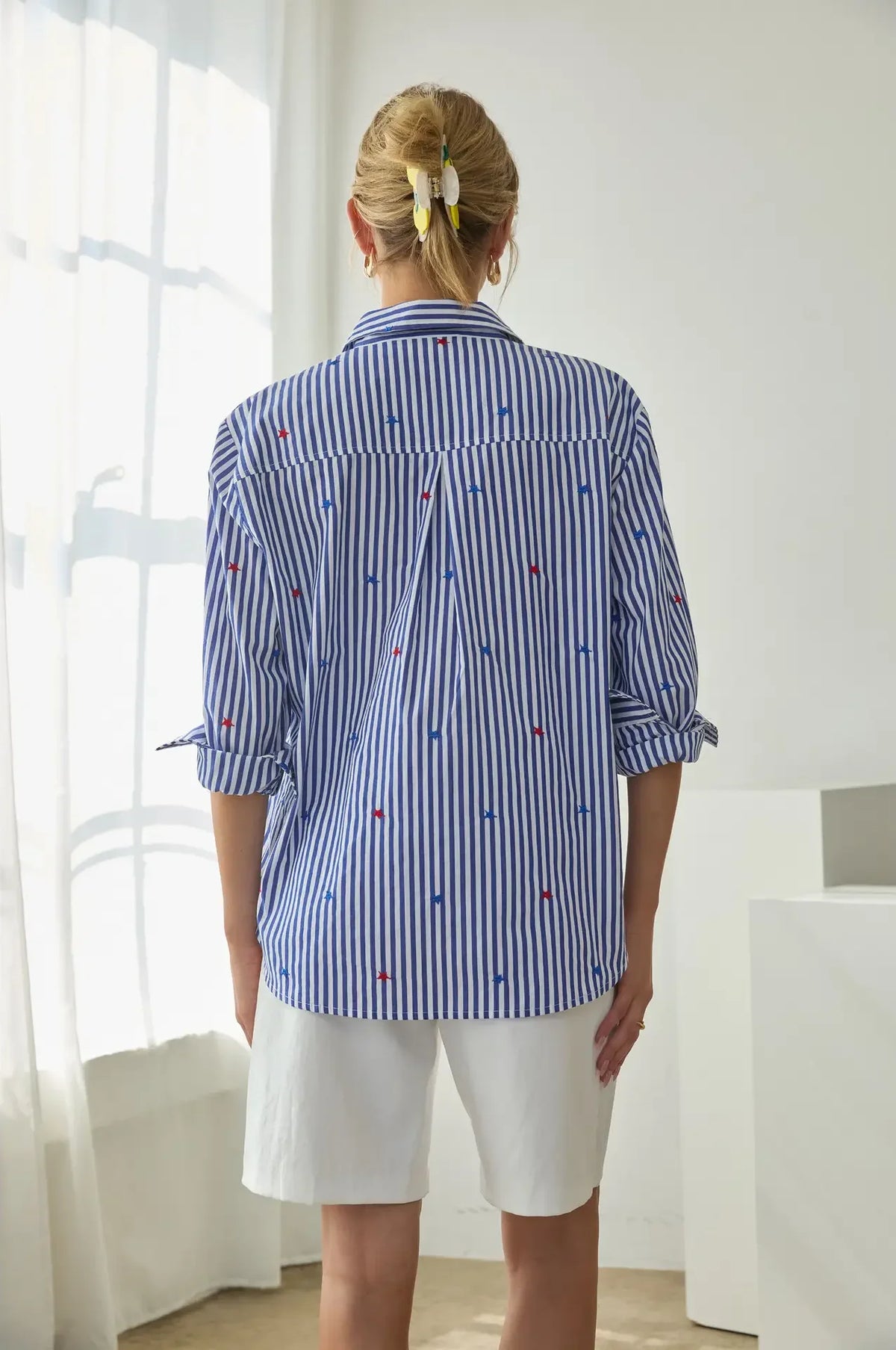Red, White & Blue Star Embroidered Blue & White Striped Button Down Blouse