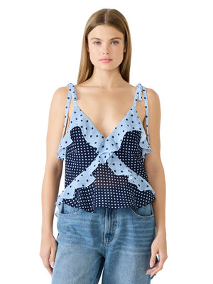 Steve Madden Adalina Polka Dot Ruffle Chiffon Tank  vintage navy 