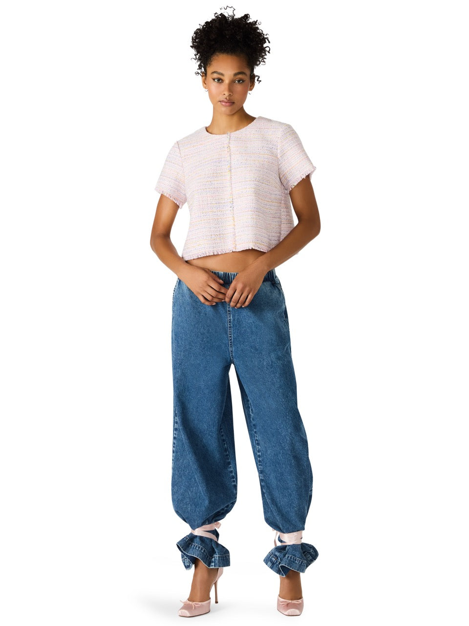 Steve Madden Addie Textured Tweed Top blush plaid