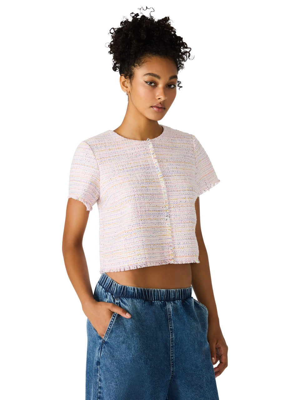 Steve Madden Addie Textured Tweed Top blush plaid