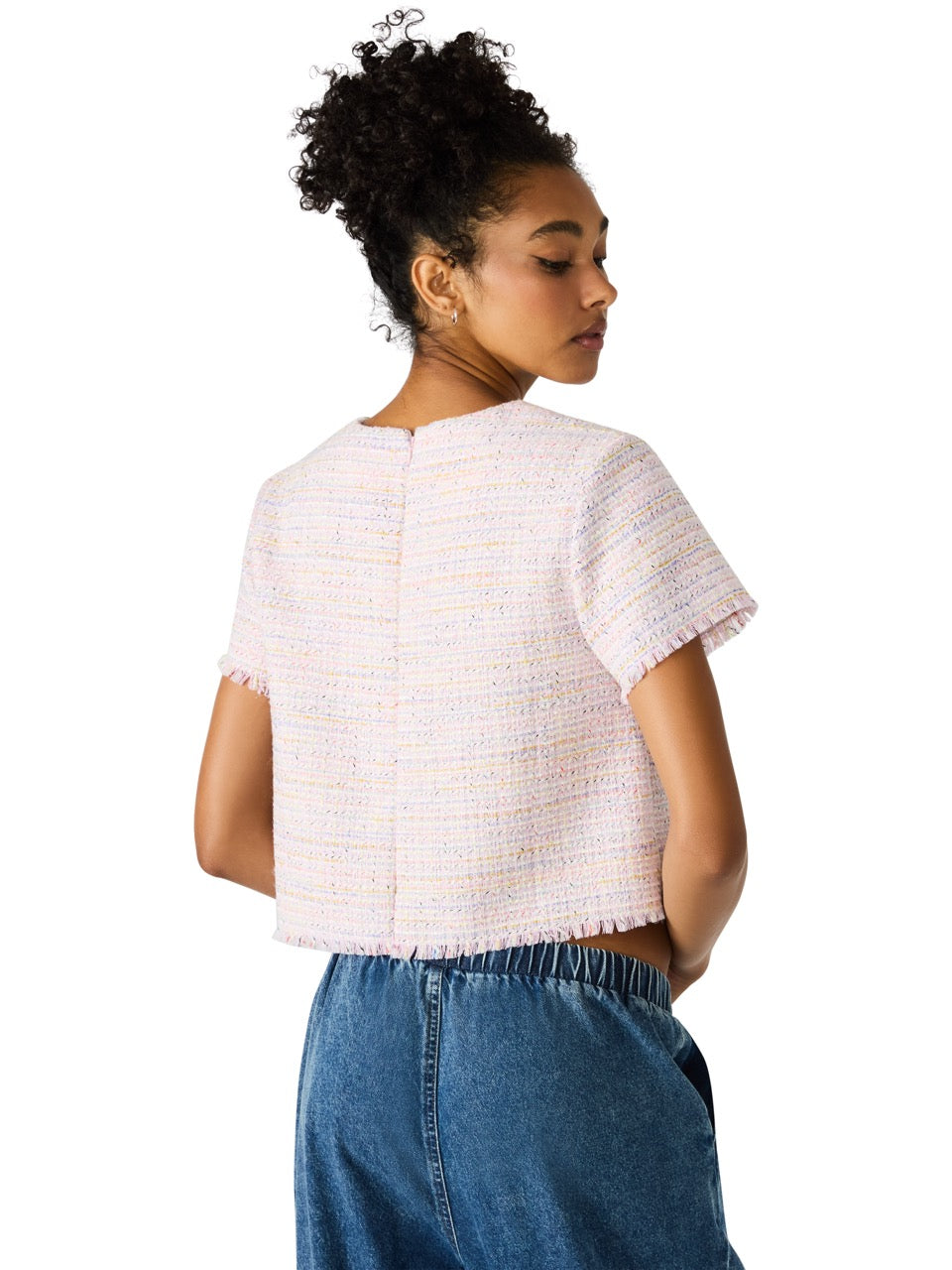 Steve Madden Addie Textured Tweed Top blush plaid