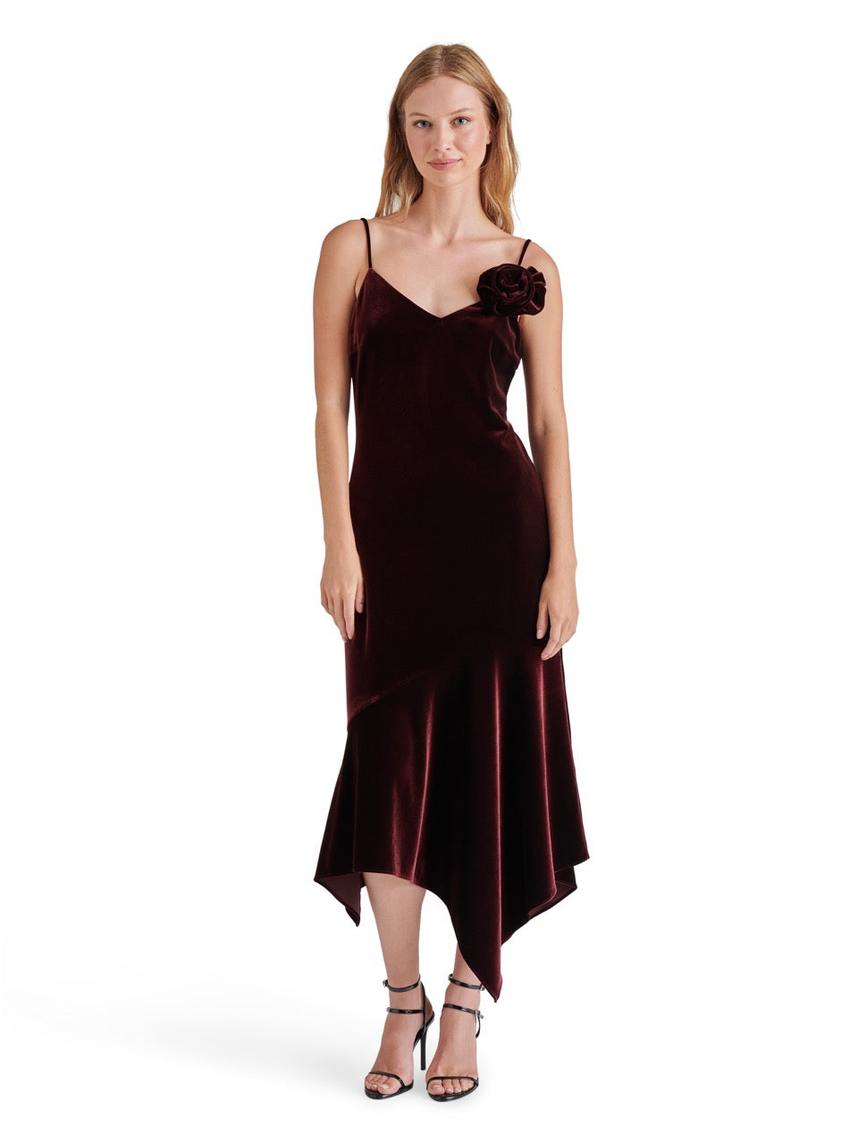 Steve Madden Lucille Velvet Asymmetric Midi Dress in wine-front