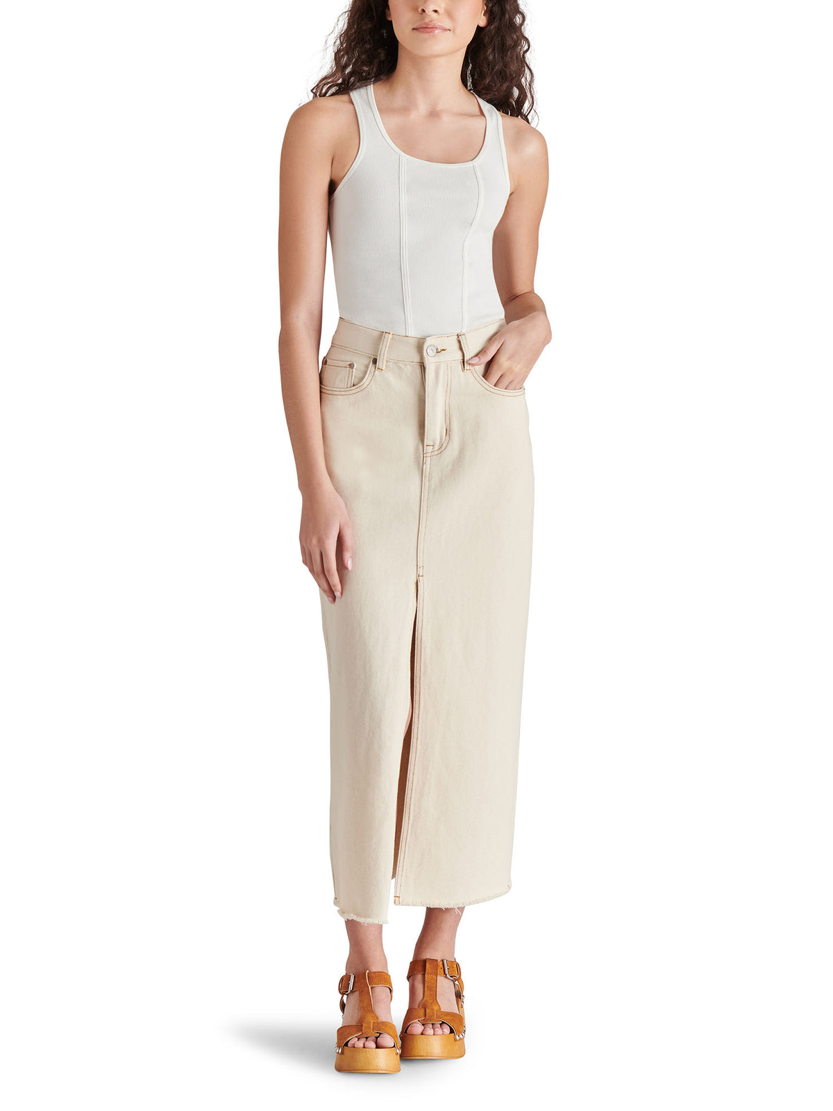 steve madden avani denim midi skirt in ivory with front slit