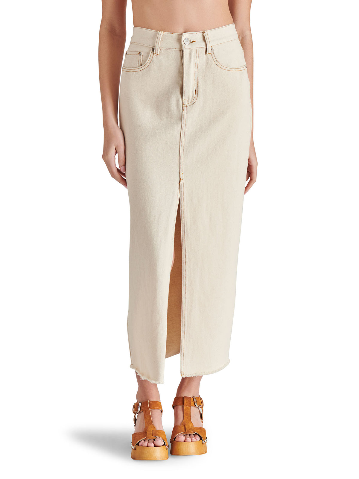 steve madden avani denim midi skirt in ivory with front slit