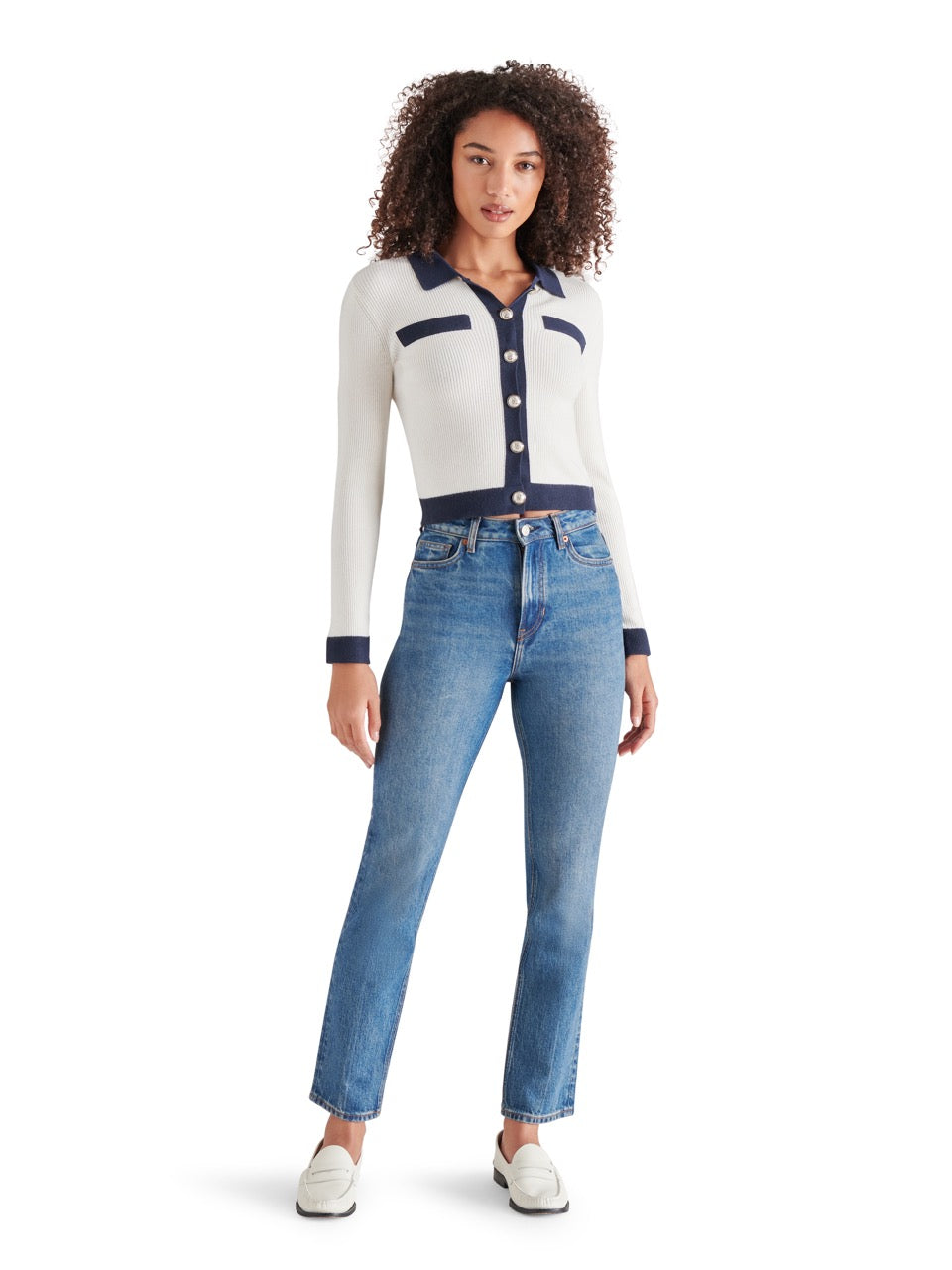 Steve Madden Ayda Ribbed Collar Cardigan in whisper white-front