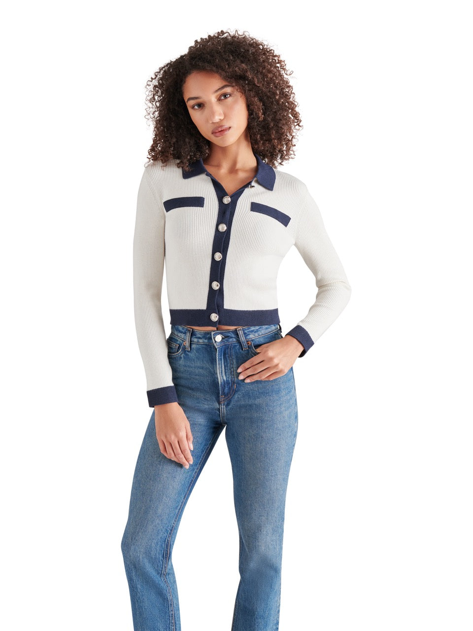 Steve Madden Ayda Ribbed Collar Cardigan in whisper white-front