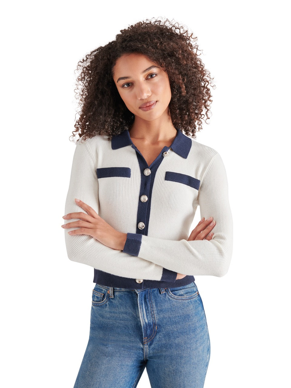 Steve Madden Ayda Ribbed Collar Cardigan in whisper white-front 