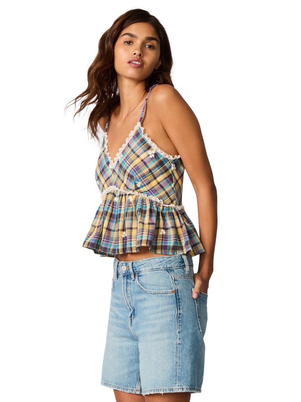 Steve Madden Bryna Plaid Cami Top brown plaid mix