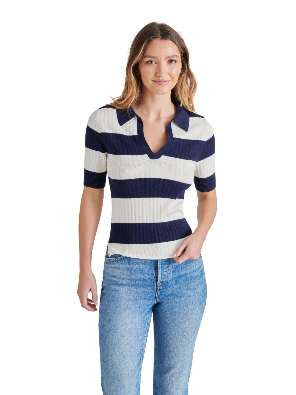 Steve Madden Bryson Striped Short Sleeve Sweater in dark blue-front