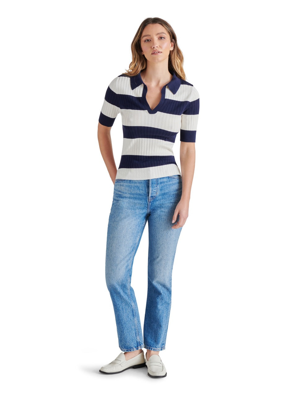 Steve Madden Bryson Striped Short Sleeve Sweater in dark blue-front