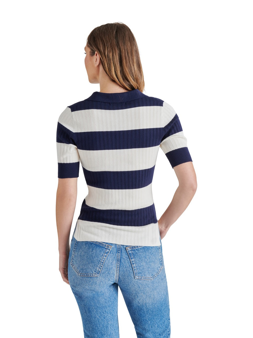 Steve Madden Bryson Striped Short Sleeve Sweater in dark blue-back