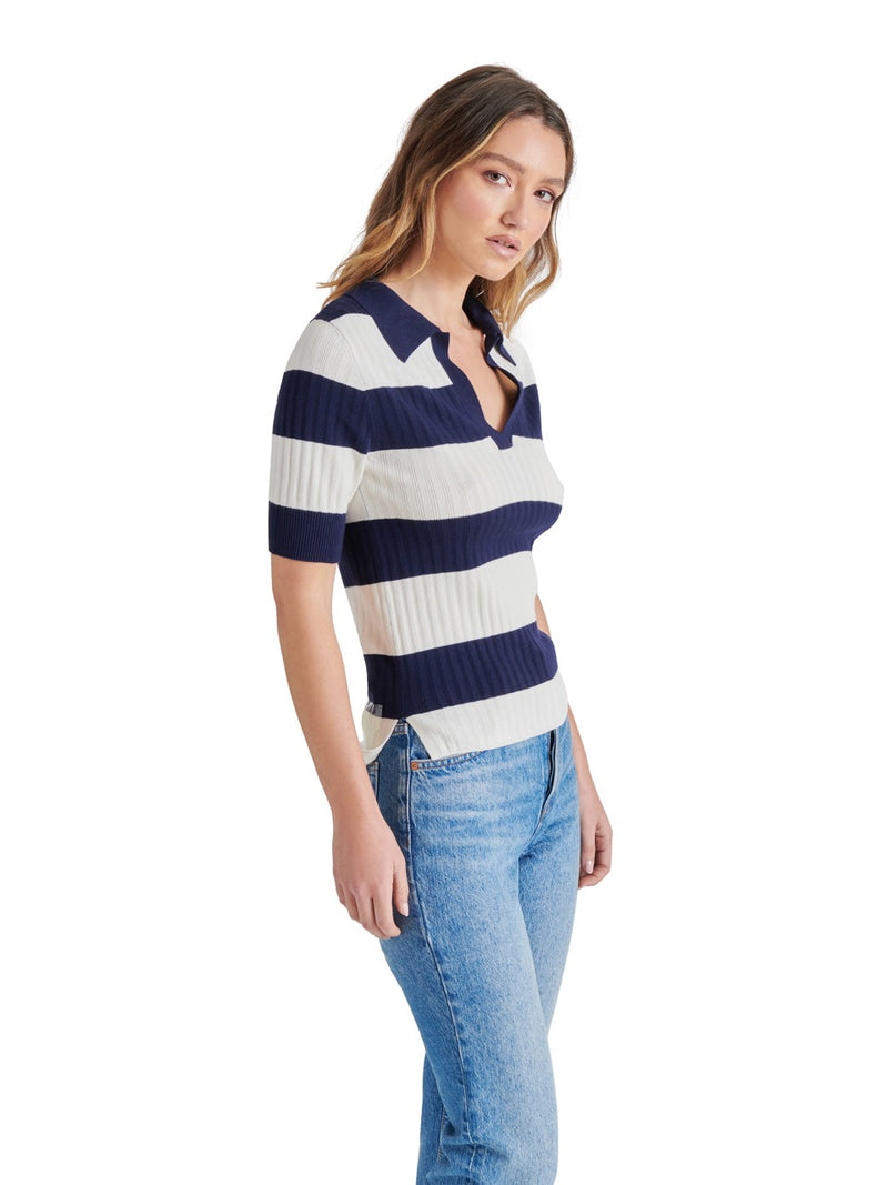 Steve Madden Bryson Striped Short Sleeve Sweater in dark blue-side