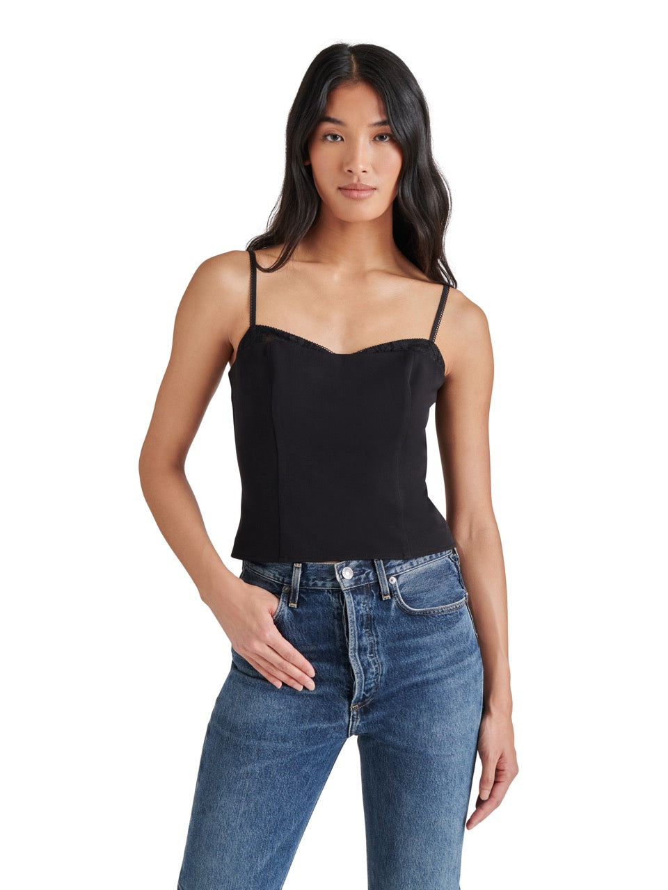 Steve Madden Cooper Smocked Bustier Top in black-front